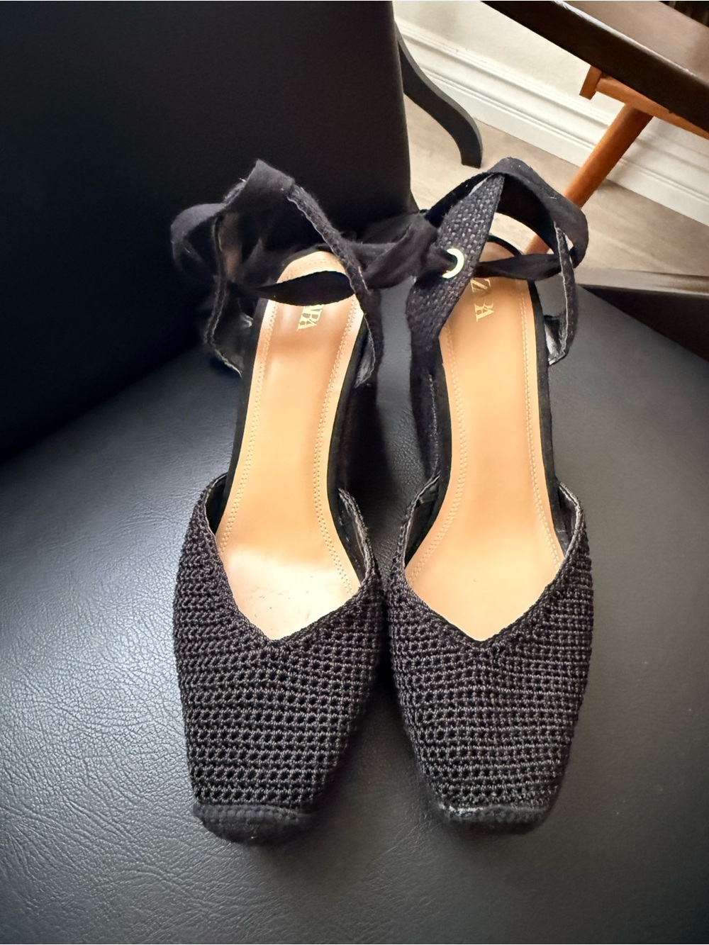 Zara Black Woven Espadrille Ankle-Tie Wedges